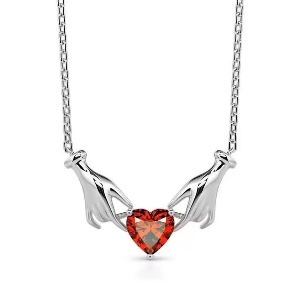 18K White Gold (Rhodium) Claddagh Inspired Hands Holding Gemstone Heart Necklace - Picture 4 of 7